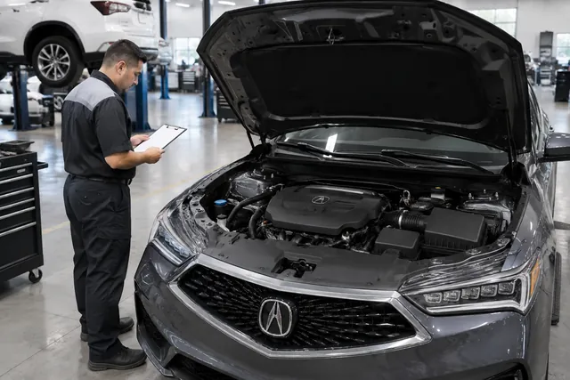 Acura engine bay with a closed timing cover during a maintenance inspection