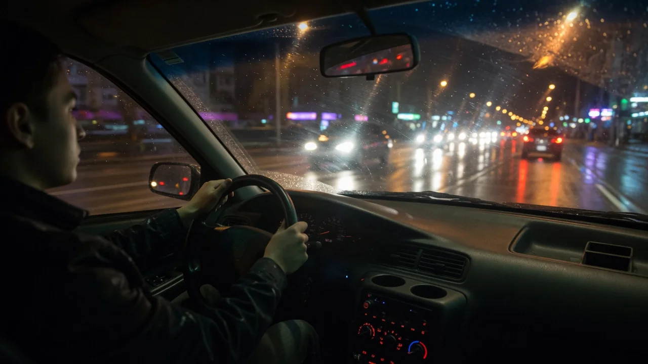 Automotive scene illustrating Why Does a Windshield Glare at Night