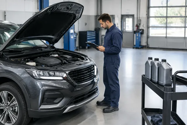 Technician reviewing a CVT maintenance checklist beside a vehicle in a clean service bay