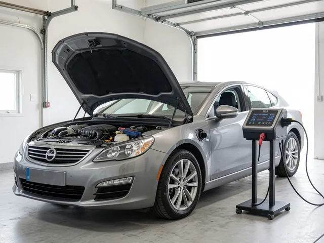 Plug-in battery charger beside a parked car with its hood open in a ventilated garage