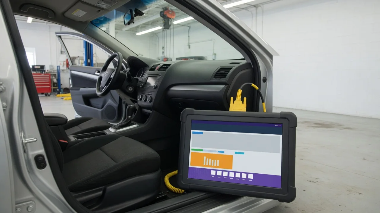 Diagnostic scan tool beside a vehicle dashboard during a parked inspection
