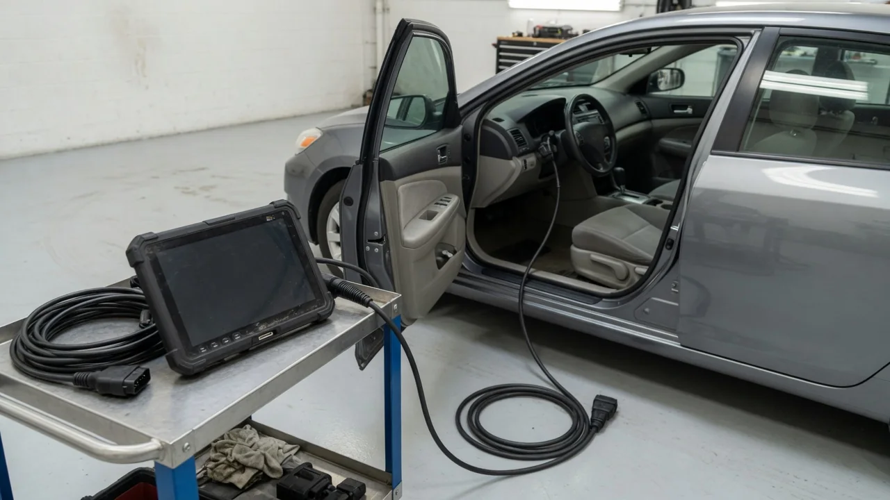 Diagnostic scan tool beside a parked vehicle with the engine off