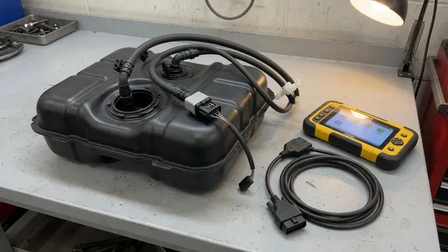 EVAP pressure sensor diagnostic concept showing a fuel tank, vapor lines, sensor connector, and scan tool