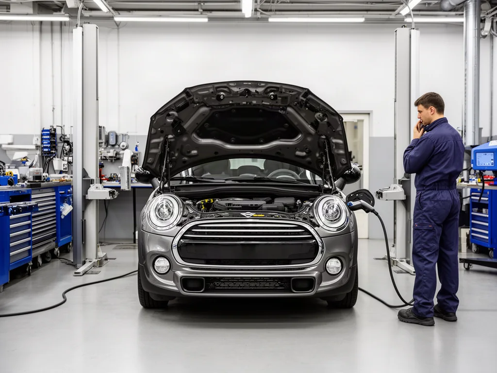 Mini Cooper parked at an automotive workshop for a timing chain noise inspection