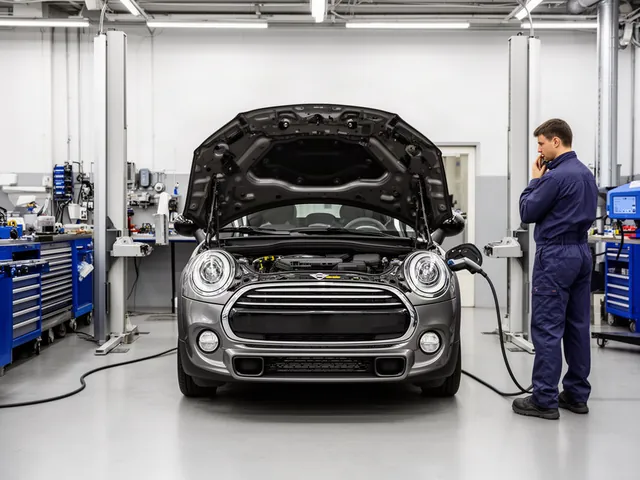 Mini Cooper parked at an automotive workshop for a timing chain noise inspection