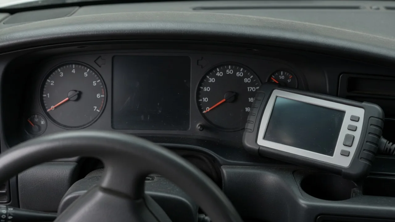 Instrument cluster with dark gauges and a blank information display beside a diagnostic scan tool