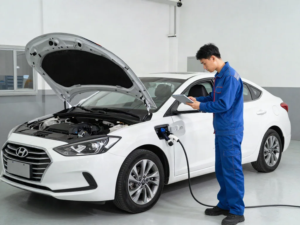 Technician examining oxygen sensor scan data beside a Hyundai in an automotive service bay