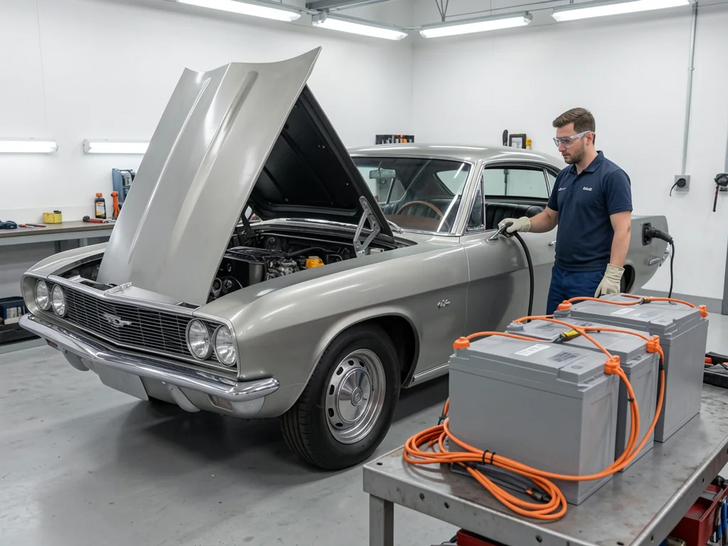 Classic car in an EV conversion workshop with sealed battery modules and capped orange high-voltage cables on a workbench
