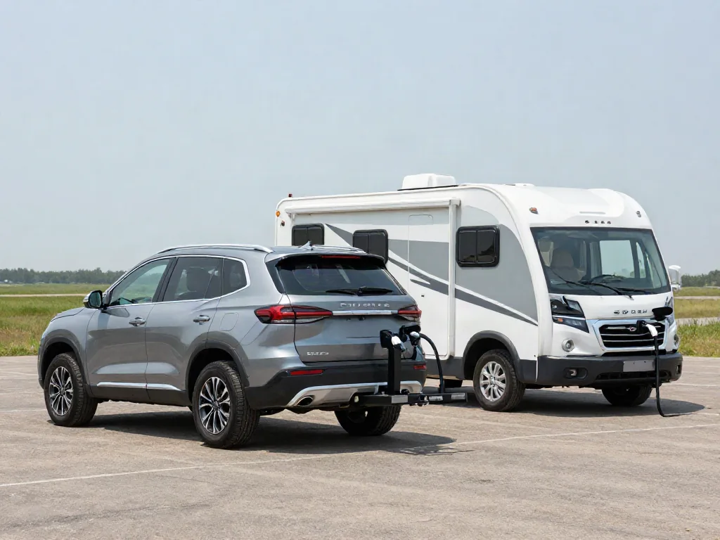 Small SUV connected to a parked motorhome with a tow bar at an RV campsite