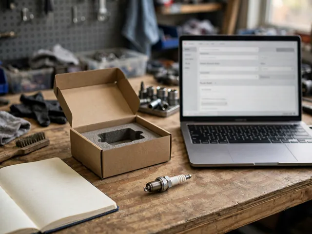 Spark plug beside its labeled box and a laptop displaying a parts lookup form