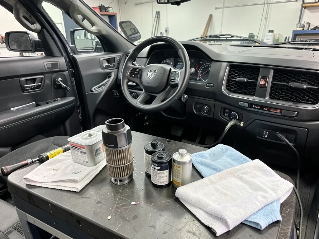 Oil filter and fresh engine oil arranged on a workbench beside a Ram diesel truck