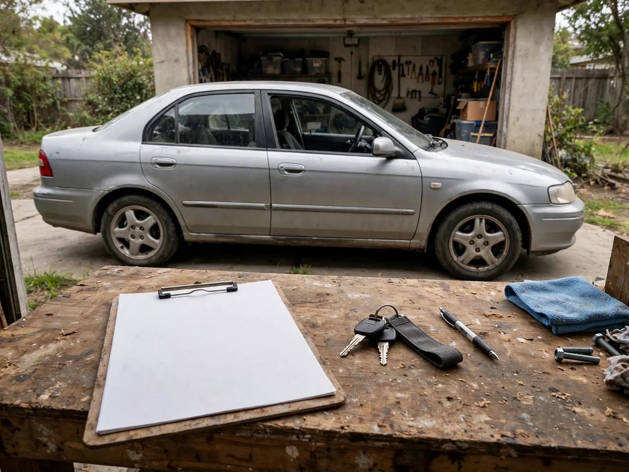 Used car parked beside a desk with a vehicle document checklist and car keys