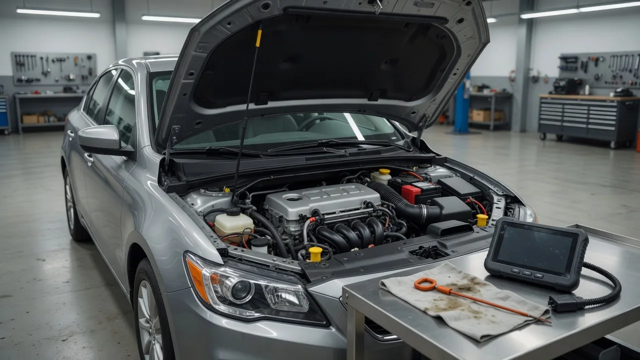 Engine bay with an oil dipstick and diagnostic scanner for investigating rocker arm actuator codes