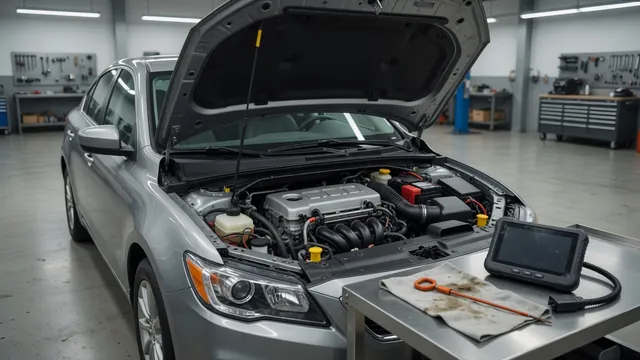 Engine bay with an oil dipstick and diagnostic scanner for investigating rocker arm actuator codes