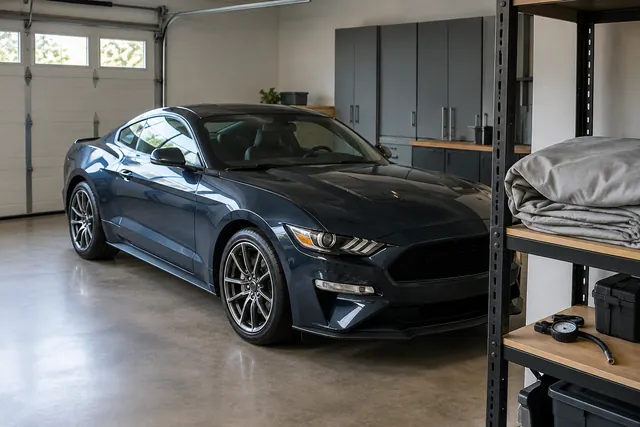Clean car parked in a dry garage with a fitted breathable cover folded beside it