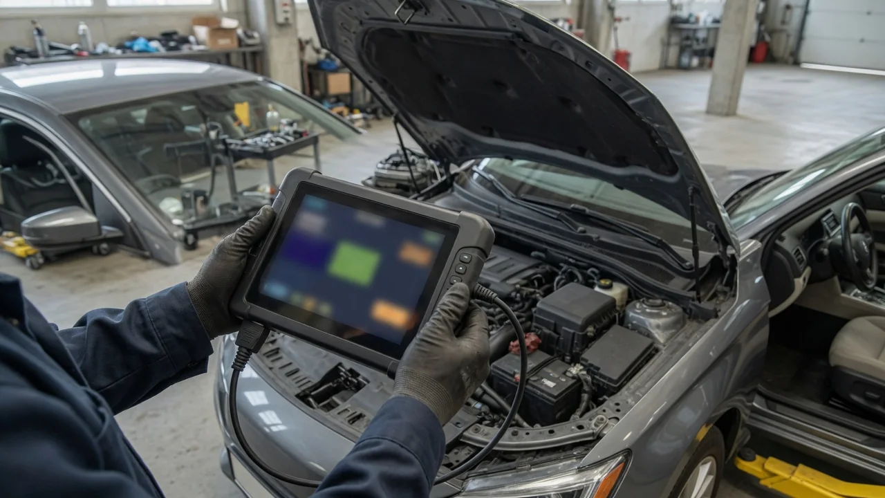 Diagnostic scan tool displaying P1747 beside a vehicle in a service bay