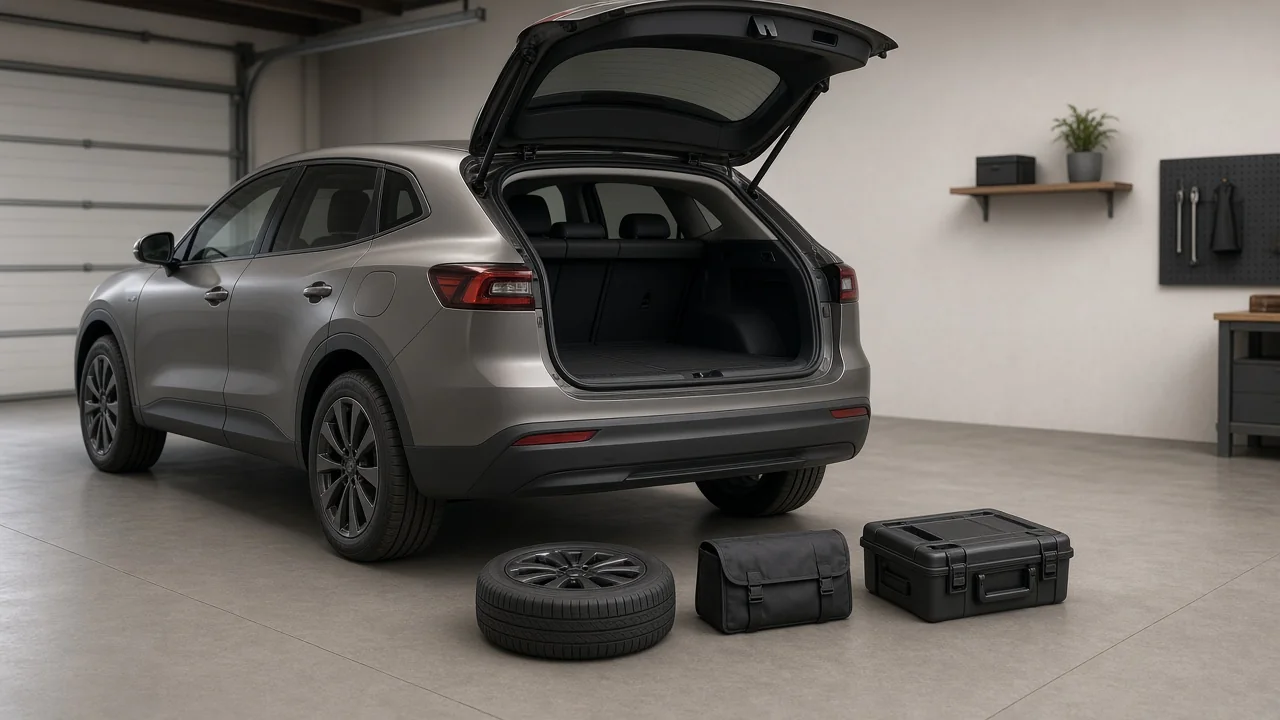 Illustration of a Kia Soul cargo area with spare-tire equipment arranged nearby