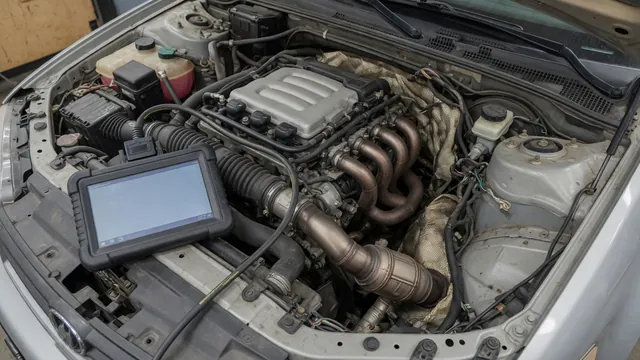 OBD-II scan tool on a fender next to a V6 engine, illustrating diagnosis of a P0430 bank 2 catalyst efficiency code