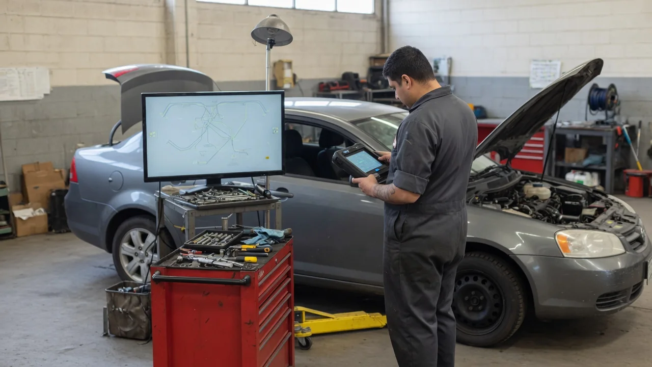 Technician reviewing vehicle communication fault data on a diagnostic scanner beside a parked car