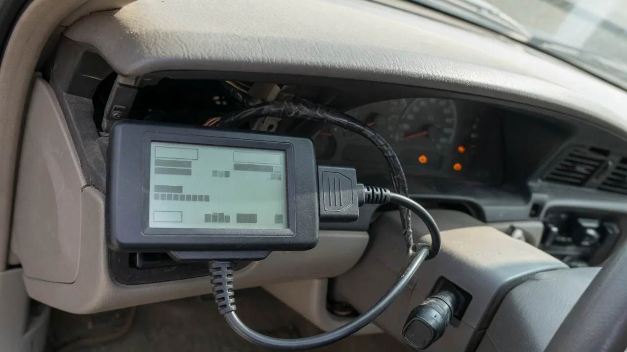 OBD-II scan tool connected under a car dashboard, reading a trouble code while the check engine light is lit