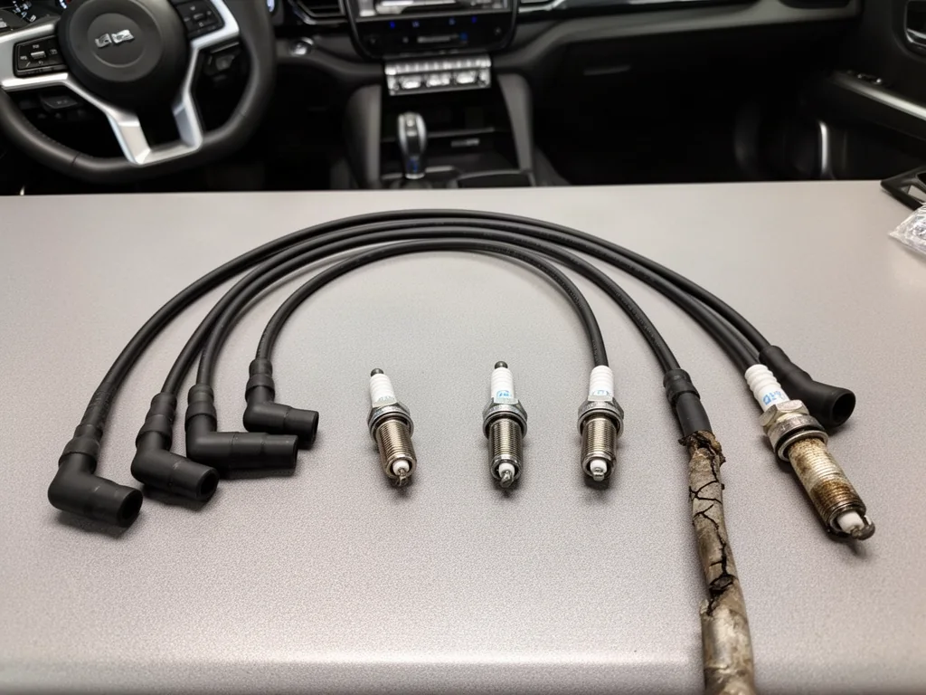New spark plug wires and spark plugs on a workbench next to one worn wire with a cracked boot