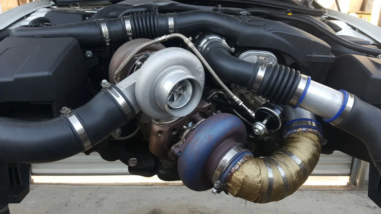 Turbocharger and connected intake hoses in a parked vehicle with the engine off