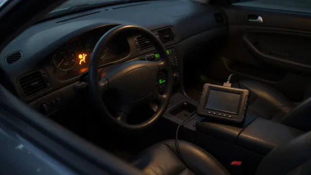 Illustration of an illuminated airbag warning light and a diagnostic scanner beside a vehicle dashboard