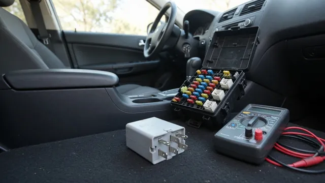 Fuel pump relay beside a digital multimeter and an open automotive fuse box