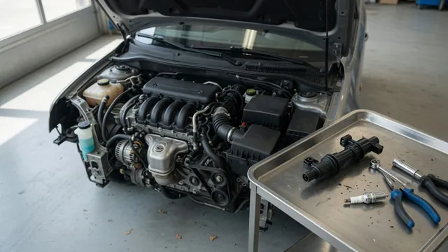 Ignition coil and spark plug beside a Mercedes-Benz gasoline engine with its cover removed