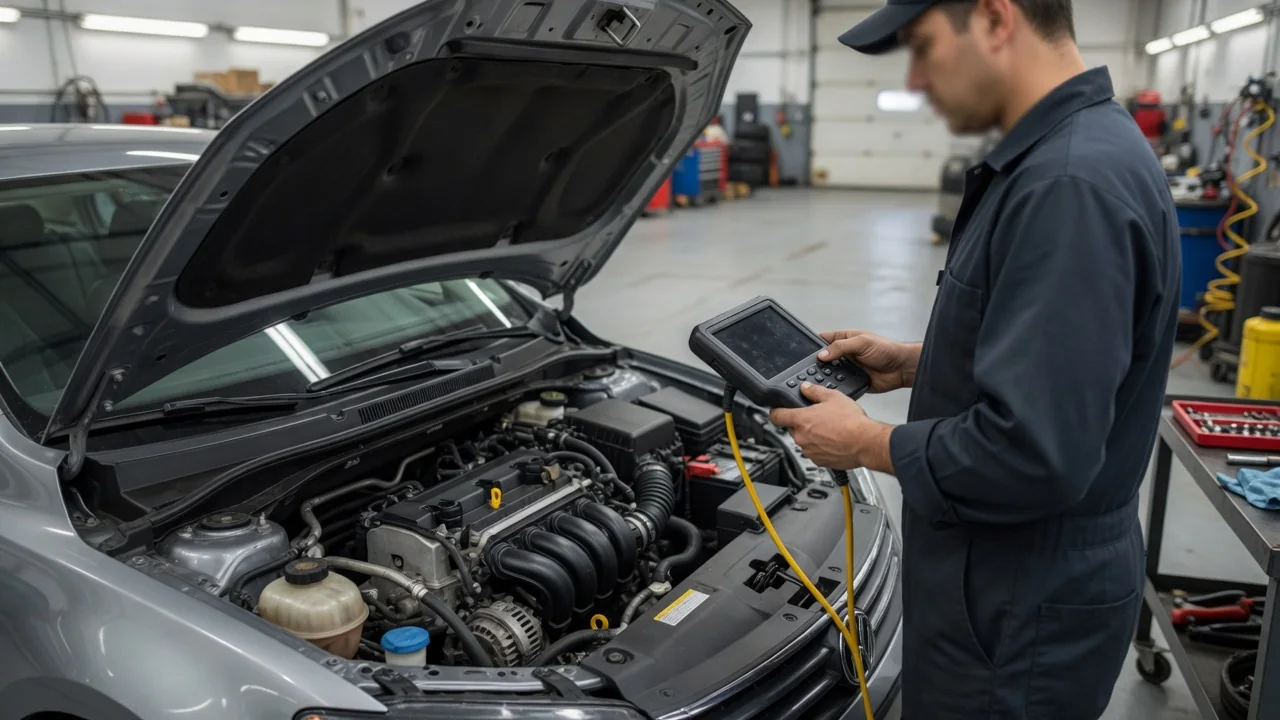 Technician reviewing throttle position data on a scan tool beside an open engine bay