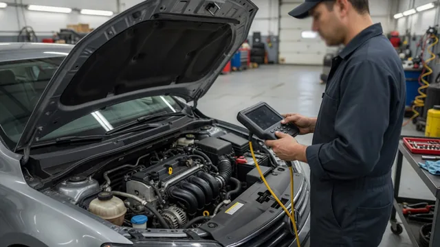 Technician reviewing throttle position data on a scan tool beside an open engine bay