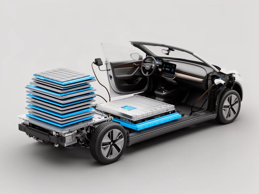 Conceptual cutaway of a solid-state EV battery pack showing layered cells beneath a vehicle floor