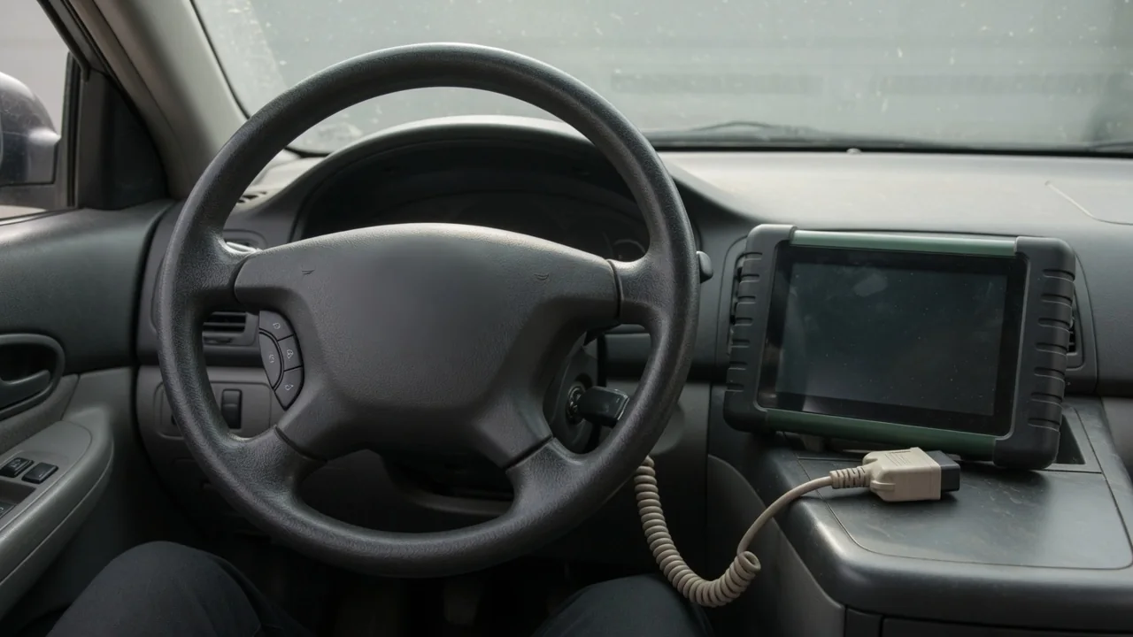 Cruise control buttons on a steering wheel beside a diagnostic scanner in a parked vehicle