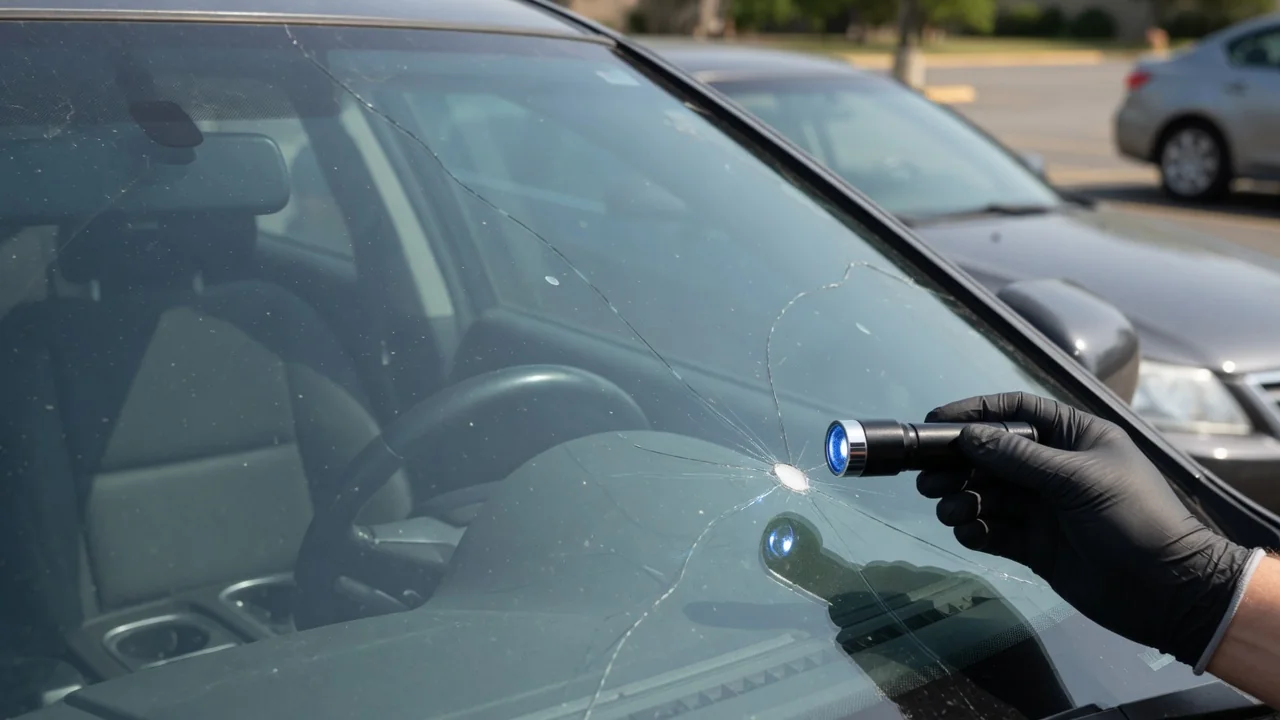 Close-up of a car windshield with a small chip and a longer crack being checked by a technician