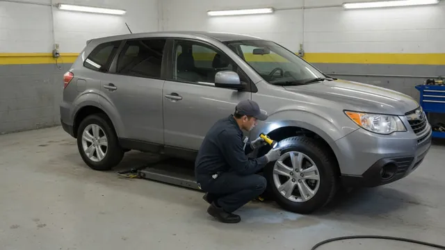 Nissan Rogue parked in a service bay with a technician inspecting the front wheel area
