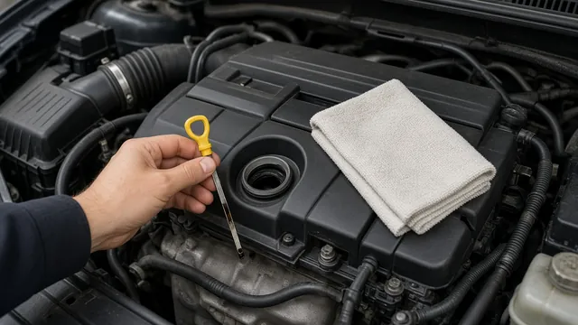 Engine oil dipstick and oil filler cap visible in an engine bay with the engine off