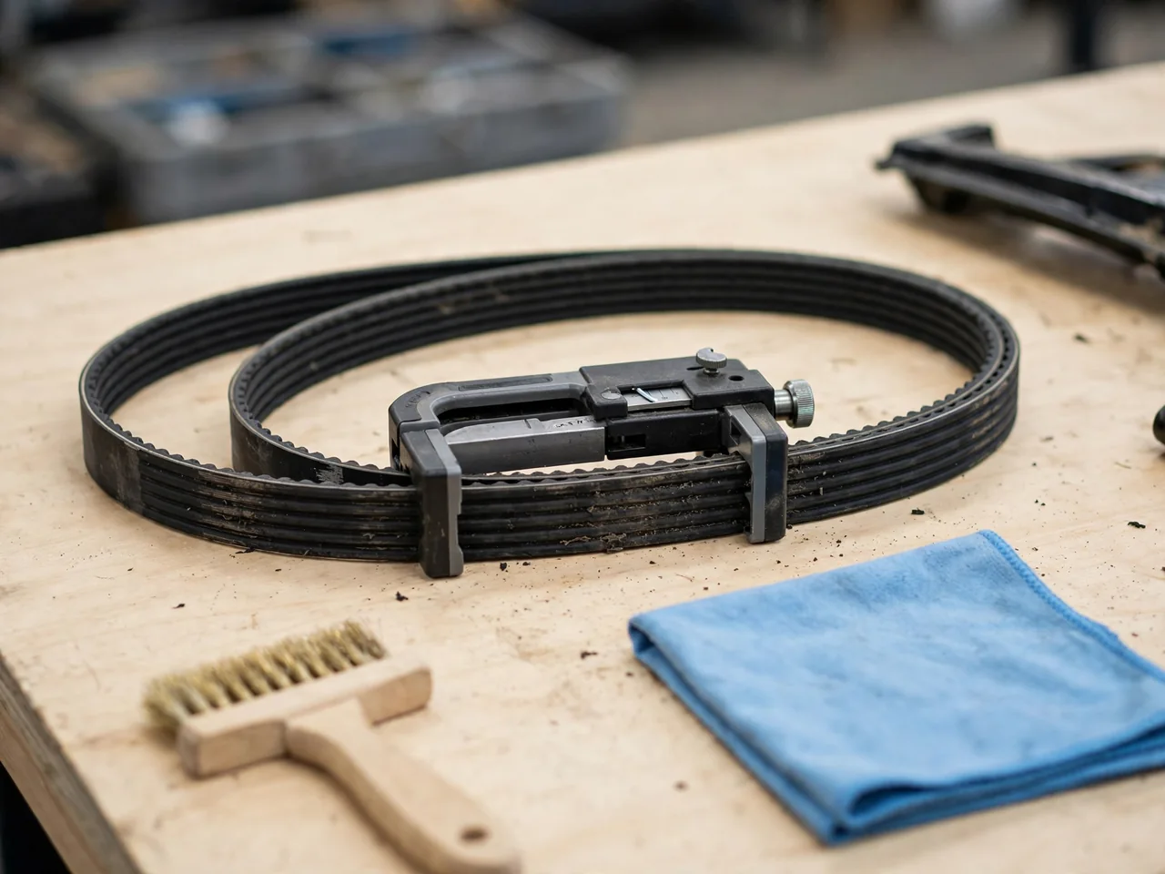 Close-up of serpentine belt ribs with a belt wear gauge positioned for inspection