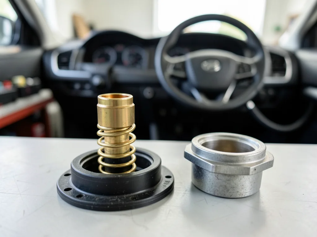 A new car thermostat and gasket on a workbench next to a replacement thermostat housing