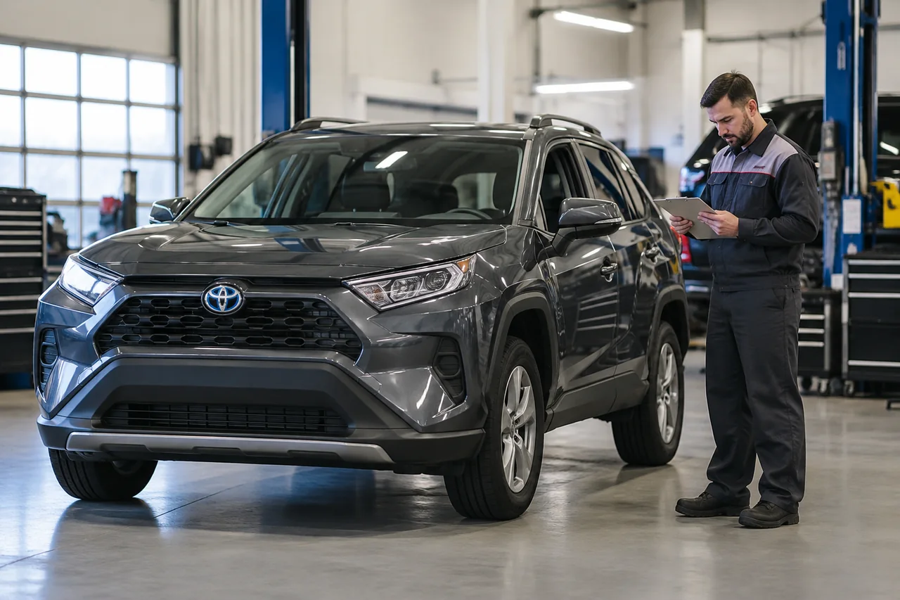 Toyota RAV4 parked in a service bay while a technician reviews repair paperwork