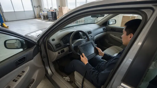 Diagnostic scanner connected inside a parked vehicle while a technician reviews fault information