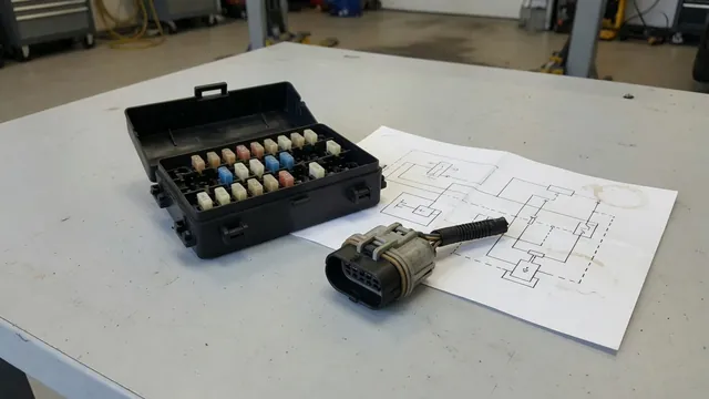 Labeled fuse box diagram beside a fuel pump electrical connector and wiring schematic