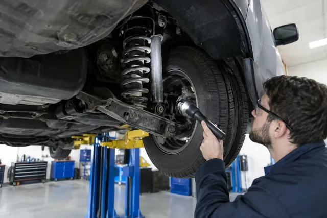 Technician using a flashlight to inspect a vehicle’s shock absorber and mounting area in a service bay