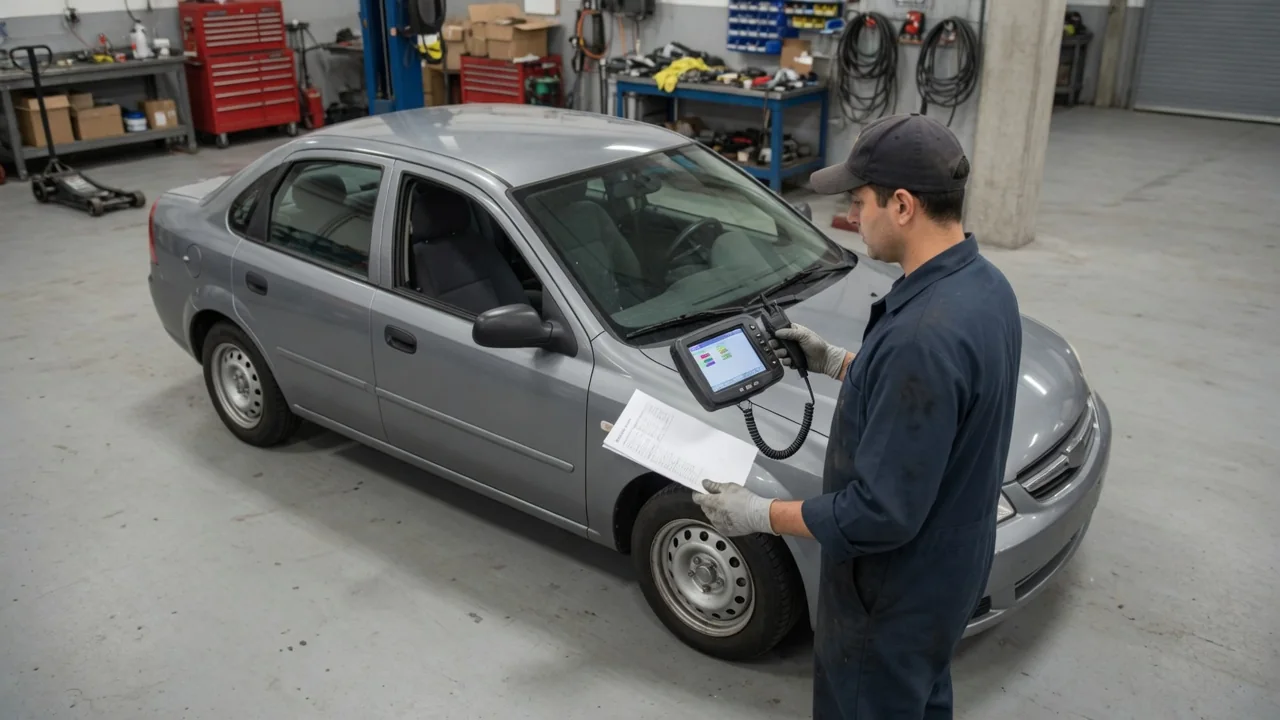 Diagnostic scan tool beside a vehicle with a technician reviewing vehicle information