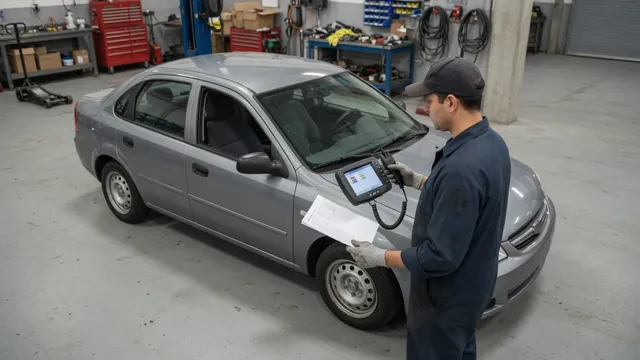 Diagnostic scan tool beside a vehicle with a technician reviewing vehicle information
