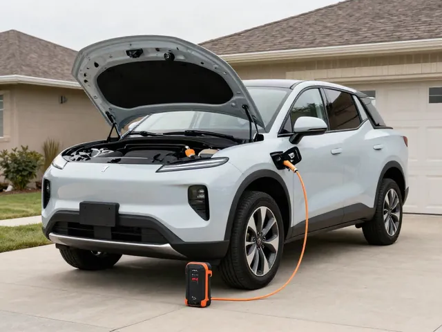 Electric pickup truck with its hood open, a portable jump pack nearby, and wheel chocks at the tires