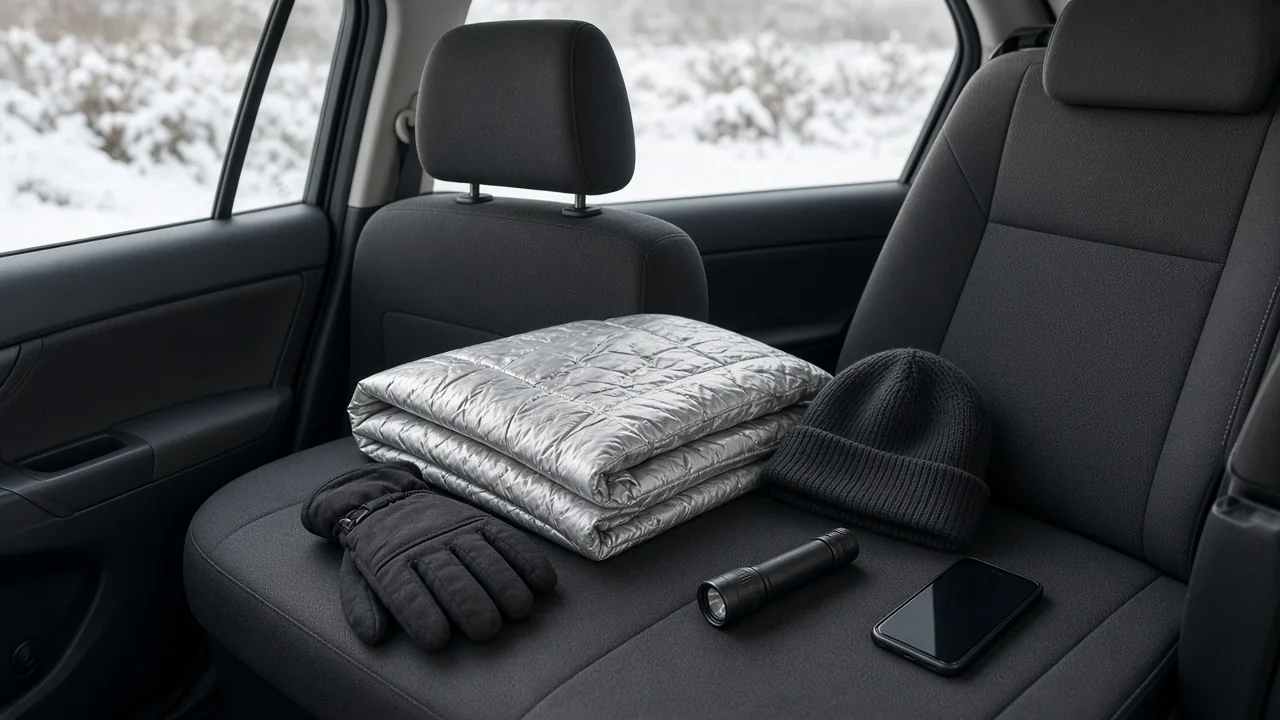 Winter car emergency kit with an insulated blanket, gloves, flashlight, and charged phone