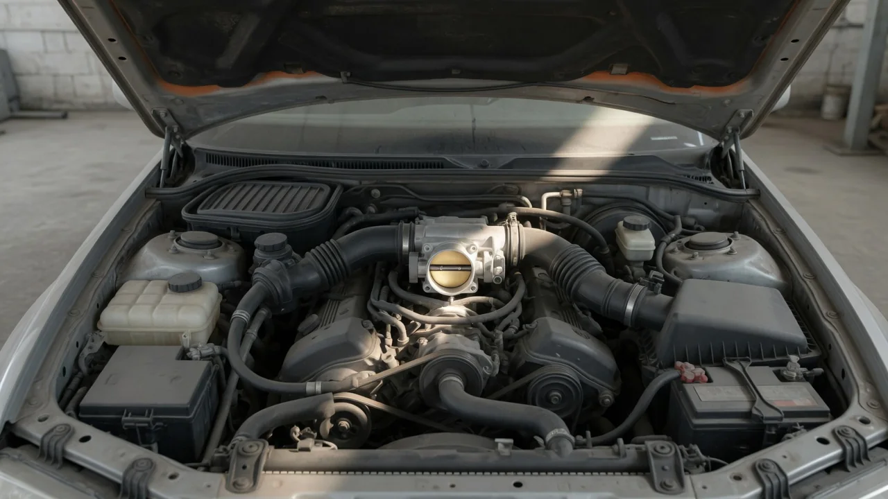 Illustration of a Volkswagen Jetta engine bay with the throttle body location highlighted
