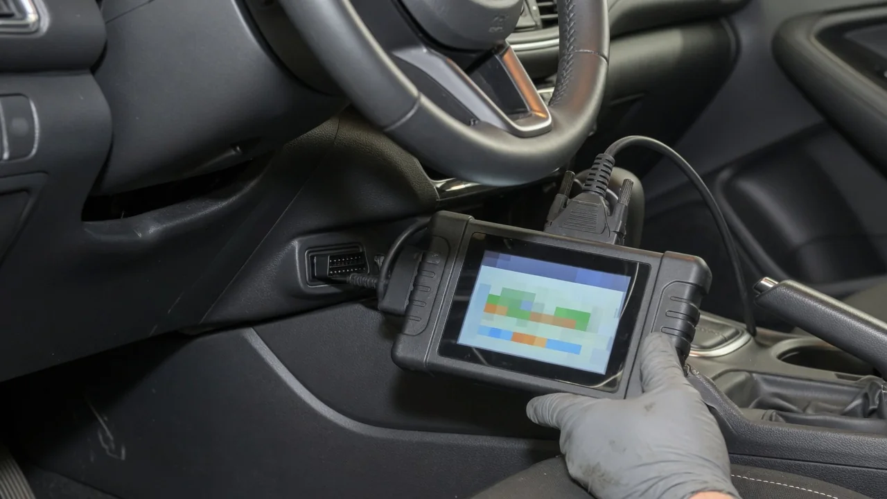Scan tool connected to a car's OBD-II port showing manufacturer-specific trouble codes