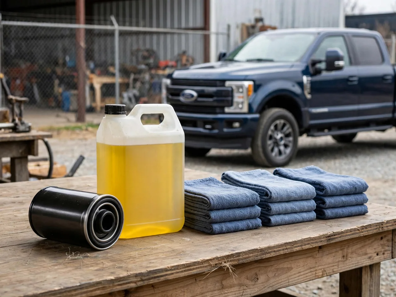 Oil filter and oil container beside a Ford Super Duty truck with a 6.7L Power Stroke diesel