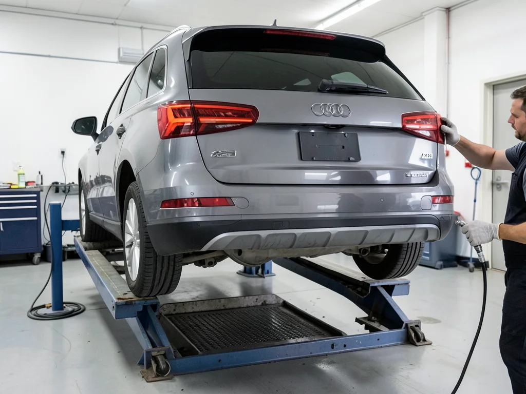 Audi SUV on a workshop lift with the rear differential housing visible and a fluid drain pan below